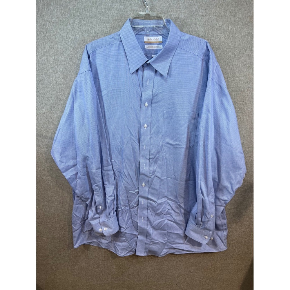Roundtree & Yorke Gold Label Blue Micro Check Dress Shirt 18.5 36/37 Big Cotton